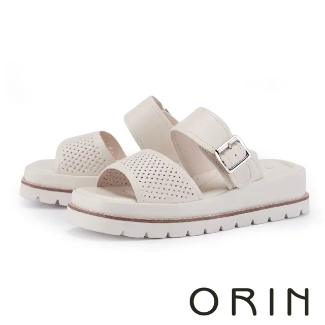 【ORIN】嚴選羊皮鏤空厚底拖鞋 米白