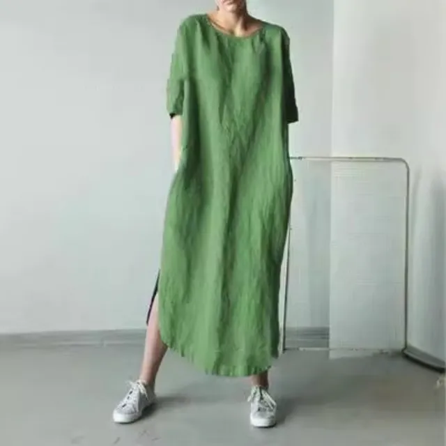 【巴黎精品】雙11現貨限搶 連身裙長洋裝棉麻風半袖寬鬆連衣裙(大尺碼女裝顯瘦沙灘裙長裙女裙子2款b1a46 B)