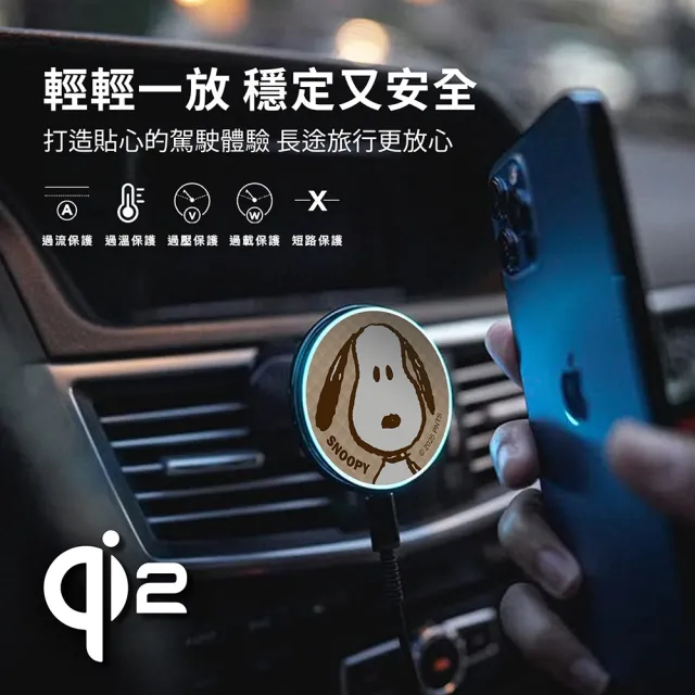 【SNOOPY 史努比】15W Qi2 磁吸無線車用充電支架(車充/車架/Magsafe/LMJ-012)