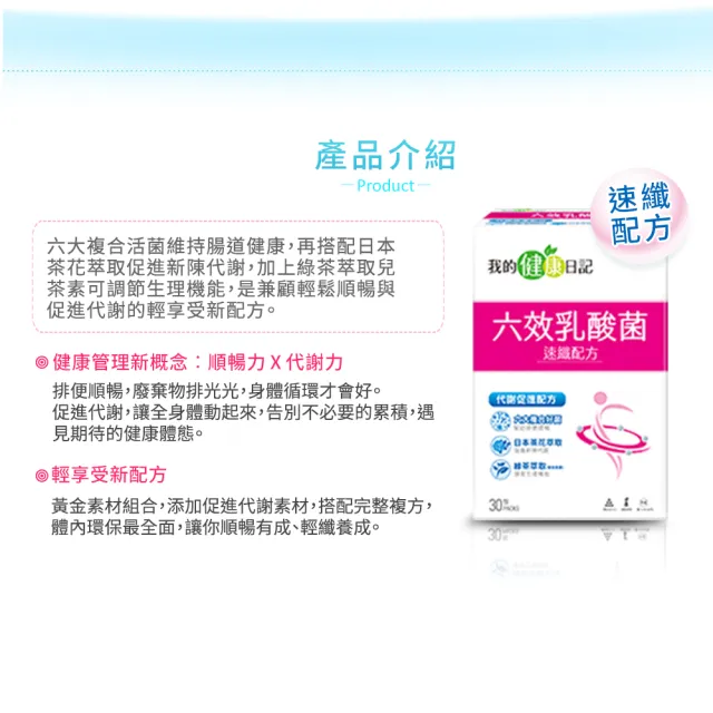 【我的健康日記】六效乳酸菌速纖配方30包(順暢力 代謝力 綠茶萃取(含兒茶素))