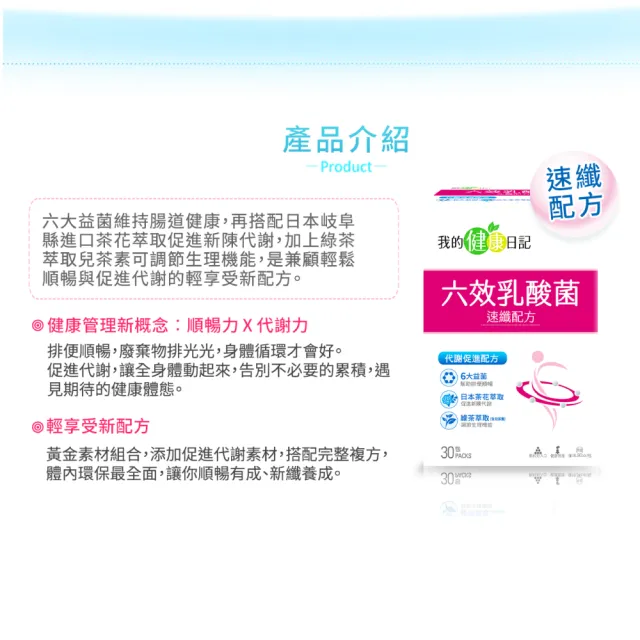 【我的健康日記】六效乳酸菌速纖配方4盒組(共120包 順暢力 代謝力 綠茶萃取(含兒茶素))