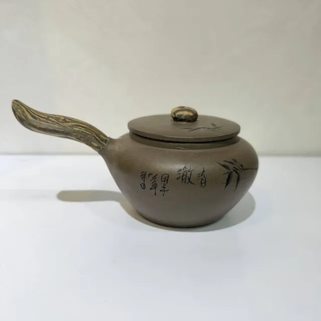 【創藝工坊】宜興紫砂老藝人 石招娣 側把絞泥 精繪花鳥壺 段泥(280cc 完整美品 茶壺茶具 宜興紫砂壺)