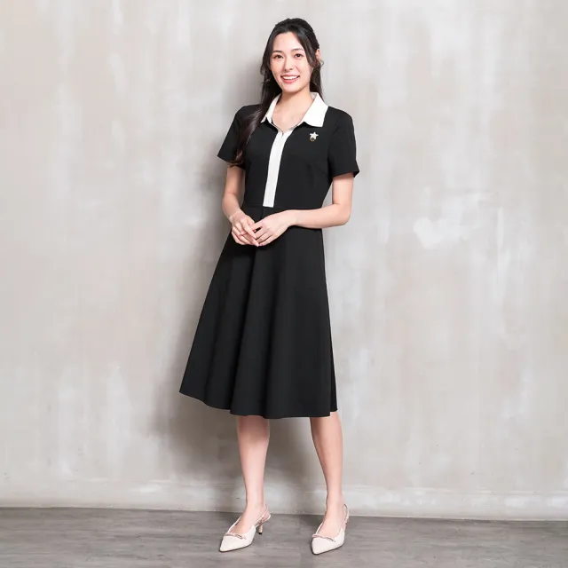 【perng yuh 芃諭名品】微光星芒 V字羅紋領 拼色 洋裝(PY by perng yuh Exclusive-芃諭獨家精品系列)