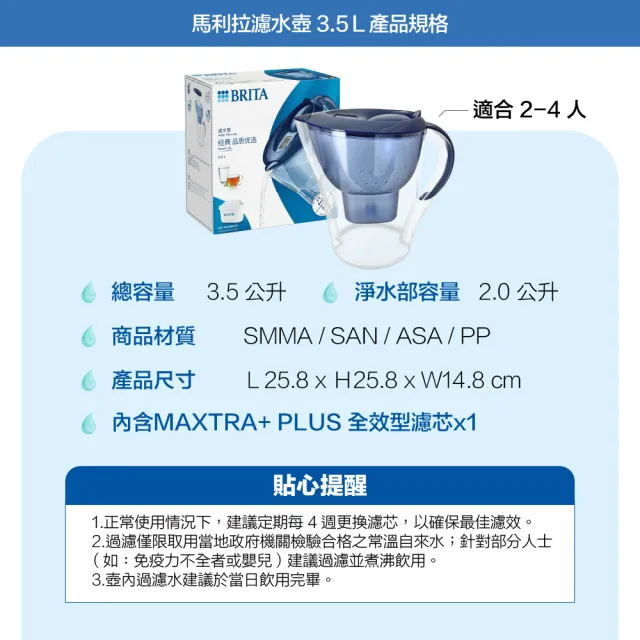 【BRITA】馬利拉濾水壺3.5L+MAXTRA PLUS濾芯 共1壺1芯 中文版(原裝平輸)