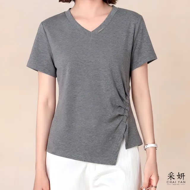【CHAI YAN 采妍】修身拼接綴飾短袖上衣(春夏女裝/中大尺碼/顯瘦/寬鬆/透氣)