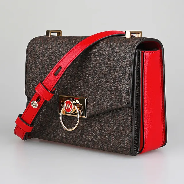 【Michael Kors】MICHAEL KORS 印花PVC帆布Hendrix系列斜背包(超小號/深褐x紅)