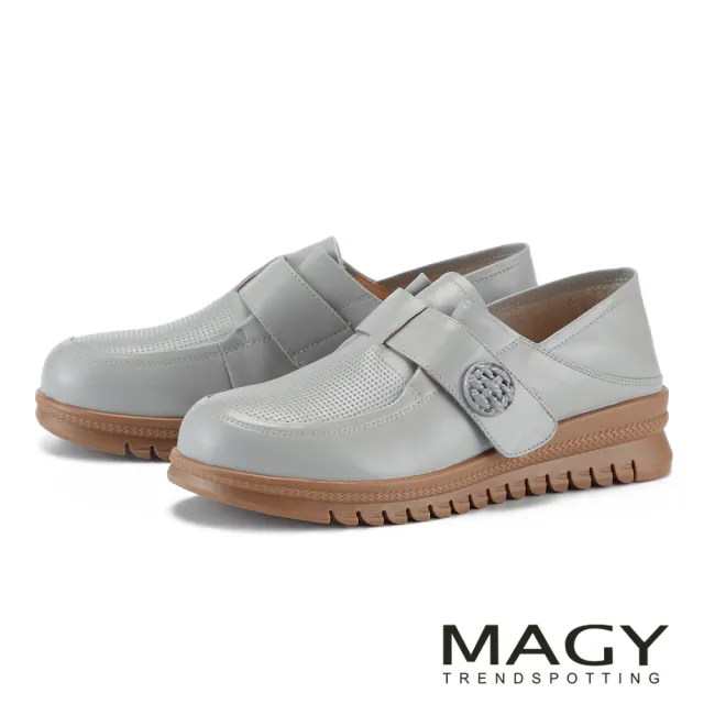 【MAGY】舒適牛皮造型圓釦厚底休閒鞋 藍灰
