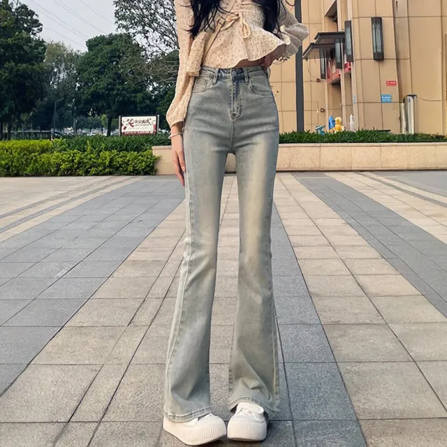 【D.studio】韓版美式直筒高腰淺色微喇叭牛仔褲 喇叭褲 寬褲 褲子 長褲 牛仔長褲 夏季女裝 拖地褲 P430