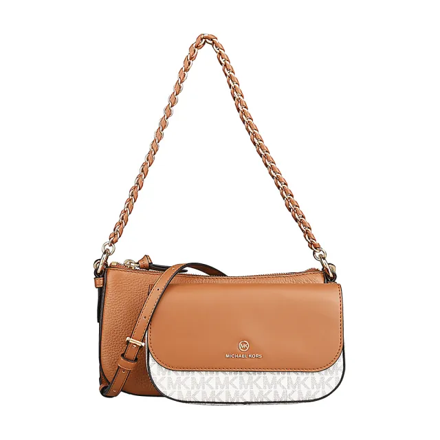 【Michael Kors】MICHAEL KORS 牛皮搭印花PVC拉鍊釦式四合一斜背包(橡子棕x香草白)