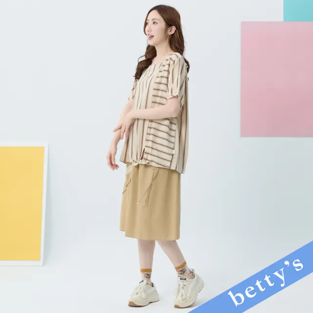 【betty’s 貝蒂思】跳色拼接不對稱口袋七分裙(卡其)