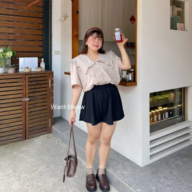【Want-Meow】90公斤可穿/短袖韓系棉麻寶寶領翻領襯衫上衣大學T短袖T(大碼上衣/大碼/大尺碼/短袖上衣)