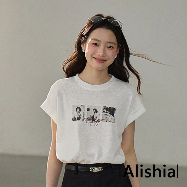 【Alishia】簡約休閒透氣輕薄涼感折袖印花上衣 短袖 T恤 F(白色 / 灰色)