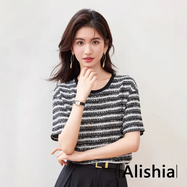 【Alishia】簡約休閒針織條紋質感上衣 T恤 短袖上衣 S-XL(黑色)