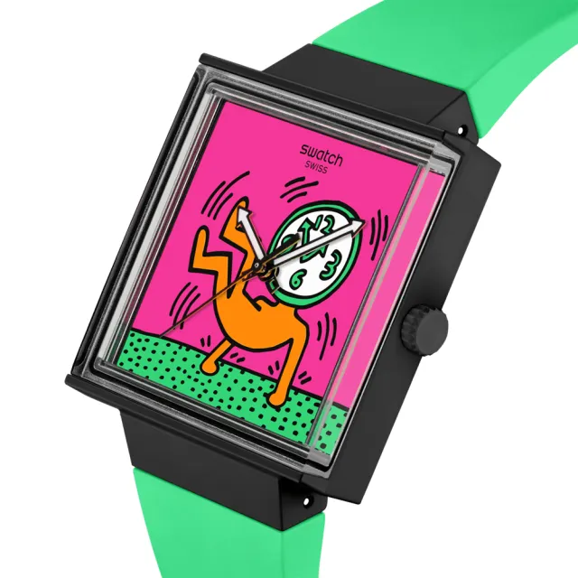 【SWATCH】BREAKS OFF 經典手錶/方形錶/Keith Haring 聯名錶/女錶/瑞士製造 SO34Z102(33mm)