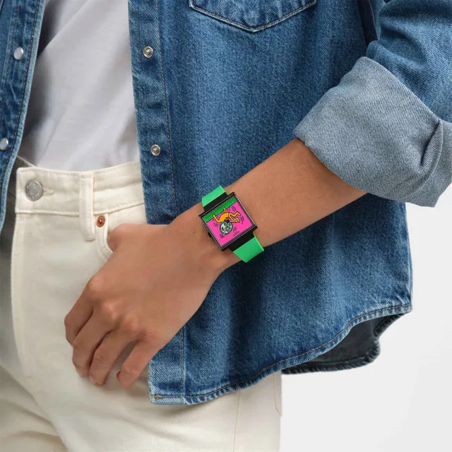 【SWATCH】BREAKS OFF 經典手錶/方形錶/Keith Haring 聯名錶/女錶/瑞士製造 SO34Z102(33mm)
