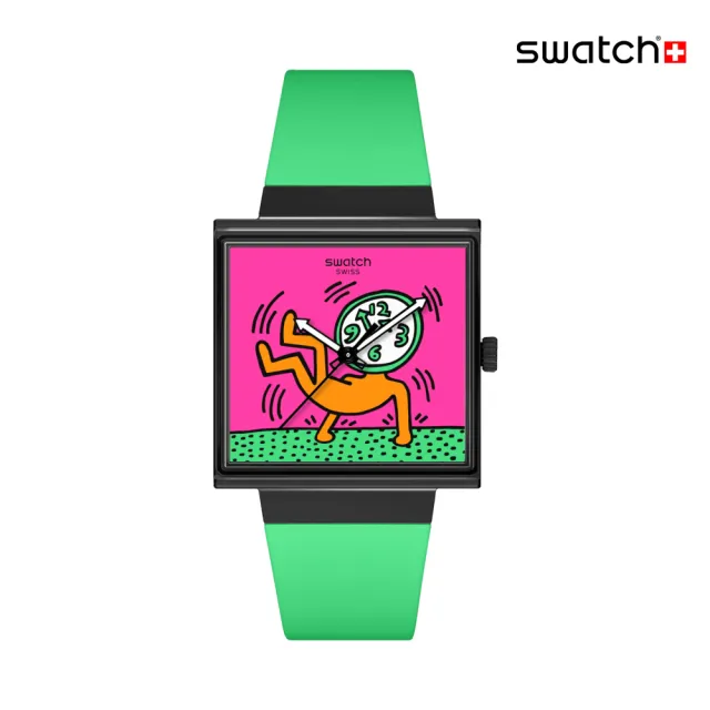 【SWATCH】BREAKS OFF 經典手錶/方形錶/Keith Haring 聯名錶/女錶/瑞士製造 SO34Z102(33mm)