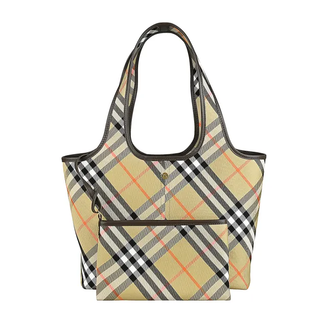 【BURBERRY 巴寶莉】BURBERRY 棉織布格紋馬術騎士鍍金LOGO手提/肩背子母購物包(沙米)