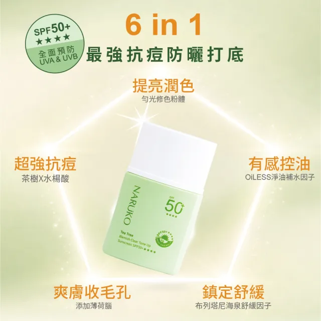 【NARUKO 牛爾】茶樹抗痘潤色水防曬SPF50+****30ml(2入)