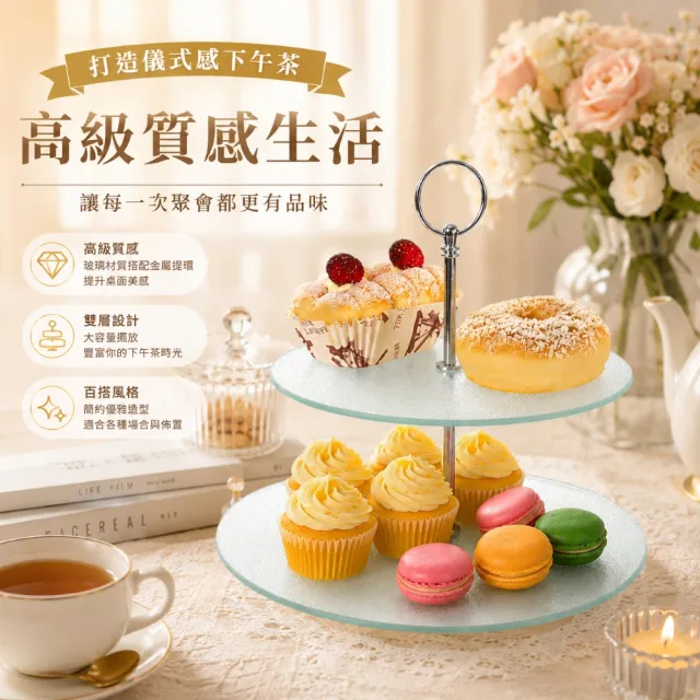 【creative Home】創意家 香梨鋼化玻璃雙層架 糖果盤 蛋糕盤 點心架 下午茶 水果盤 收納盤