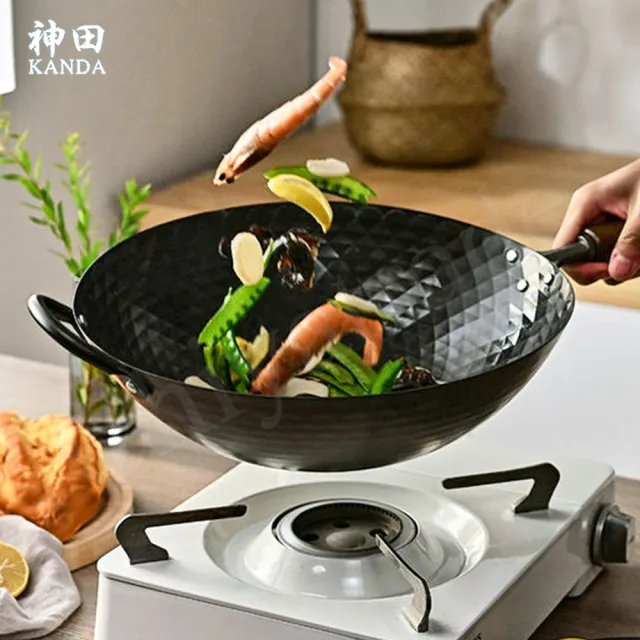 【神田】KANDA 日本製 窒化鐵 鑽石紋 無塗層鐵炒鍋 鐵鍋 IH爐可用鍋 30cm(贈玻璃鍋蓋+木鏟)