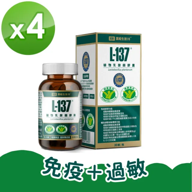 【黑松生技】百位媽咪好評 日本專利｜L-137植物乳酸菌膠囊 30入x4盒(共120入)(小綠人雙核准免疫X過敏)