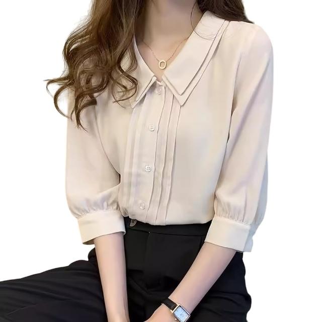 【CHACO】/現貨/女春秋杏色5分袖娃娃領OL紡衫襯衫上衣#6975(雪紡 上衣 襯衫 娃娃領 杏色 女 春夏)