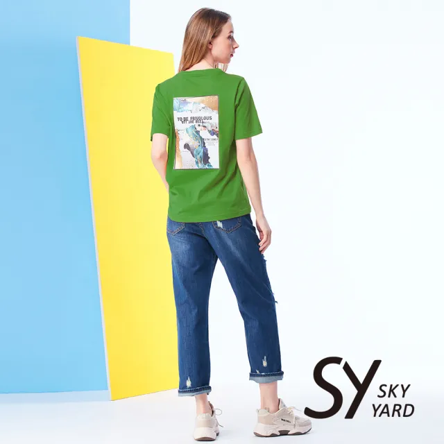 【SKY YARD】網路限定款-彈性棉質印花短袖T恤-綠色