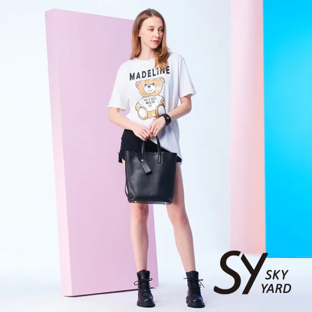 【SKY YARD】網路限定款-時尚小熊彈性棉質短袖T恤-白色