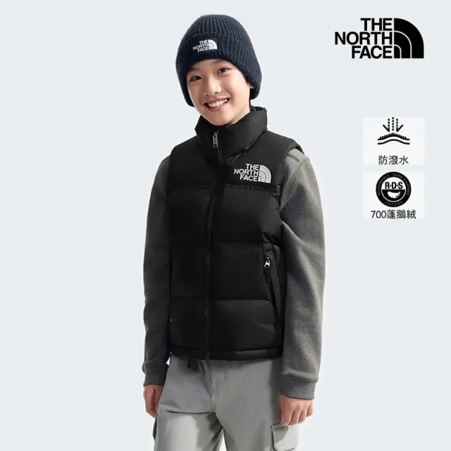 【The North Face 官方旗艦】經典ICON-北面兒童黑色DWR防潑水羽絨背心｜8A4BJK3(700蓬鬆度)