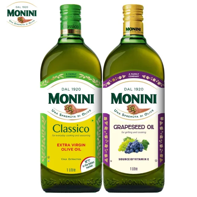 【Monini】莫尼尼特級冷壓初榨橄欖油1000mlx1瓶+葡萄籽油1000mlx1瓶(可生飲/酸價0.3%/義大利市佔第一名)