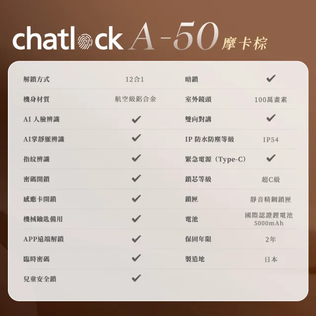 【chatlock】日本製頂級電子門鎖 AI 智慧 A50 - 摩卡棕