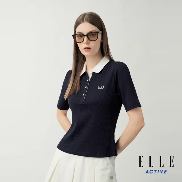 【ELLE ACTIVE】女款 翻領排釦撞色短袖POLO衫-深藍色(EA26S1W1107-39)