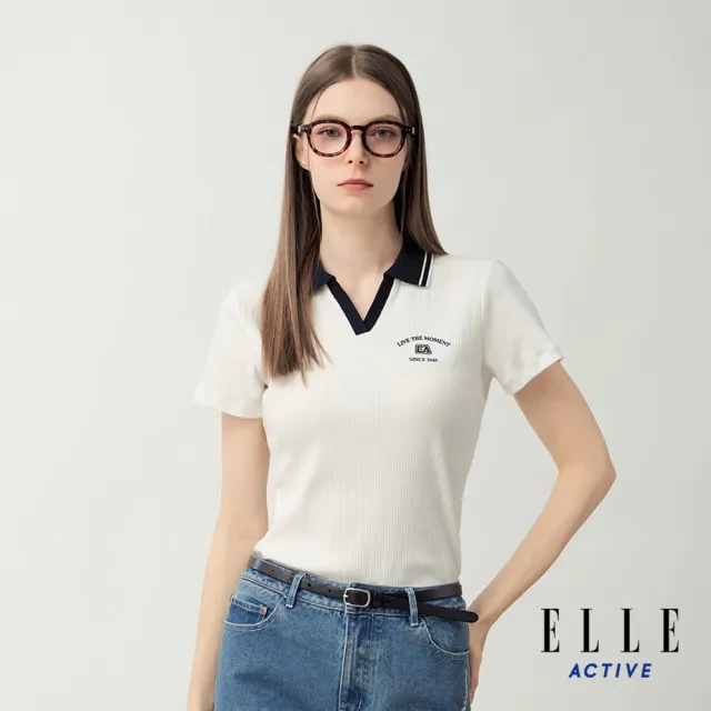 【ELLE ACTIVE】女款 撞色翻領直紋短袖POLO衫-白色(EA26S1W1105-90)