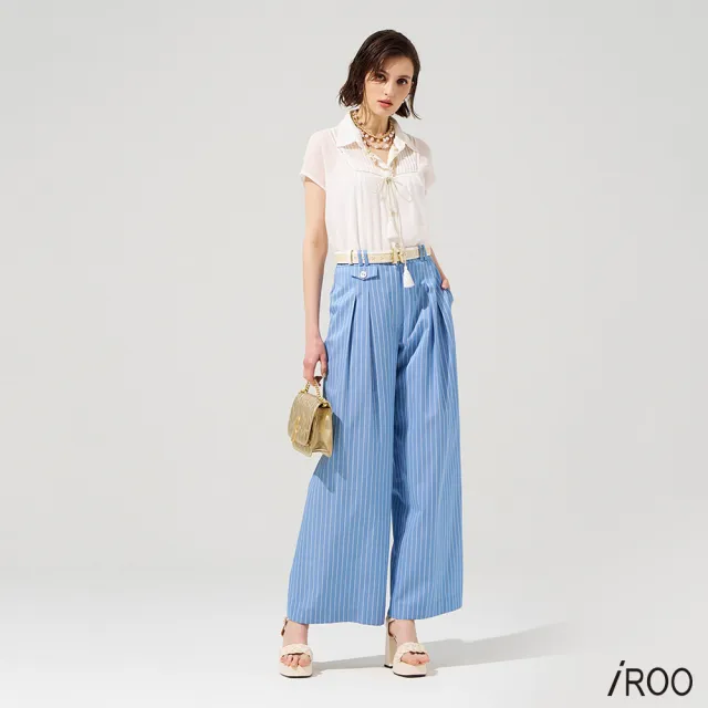 【iROO】寧靜藍條紋長寬褲