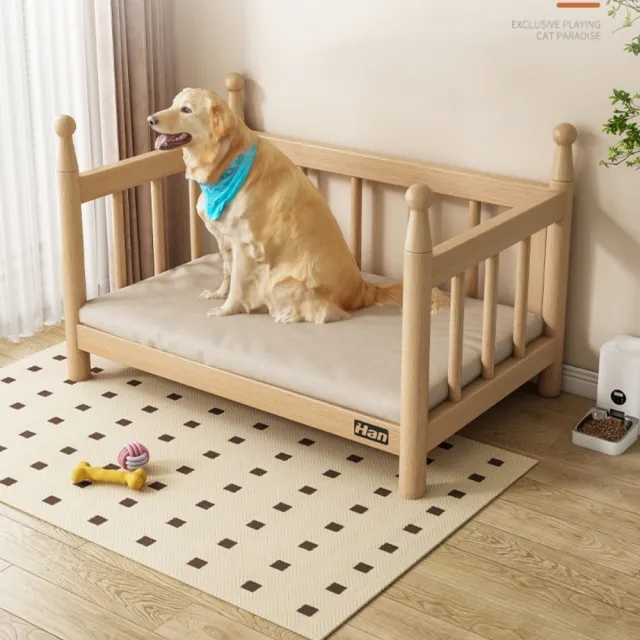 【佳美多】寵物床 木質寵物床 圍欄高架寵窩 小型犬貓休憩床 亞麻墊寵物台 50×35cm離地床 四面豎桿圍欄搭配