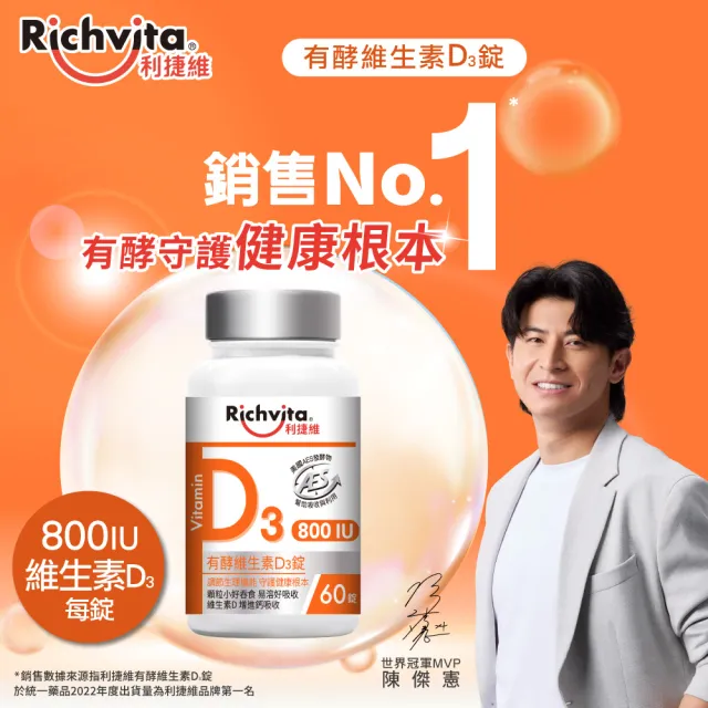 【利捷維】有酵維生素D3錠 60錠(800IU 維生素D3 陳傑憲 代言)
