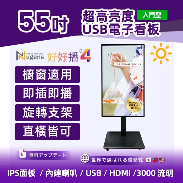【Nugens 捷視科技】Nugens好好播 55吋超高亮度USB電子看板+旋轉架(智慧數位廣告看板電子海報廣告機)