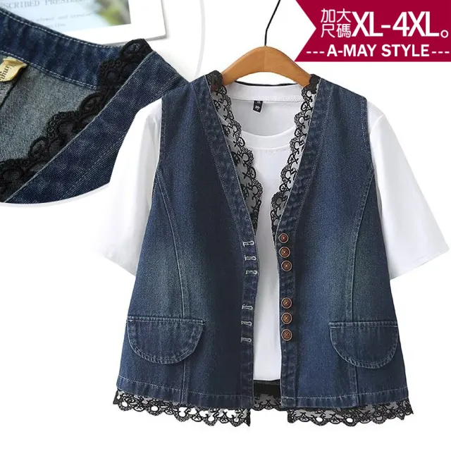 【Amay Style 艾美時尚】夏新品 中大尺碼女裝 丹寧 馬甲 復古甜美設計蕾絲拼接牛仔背心。XL-4XL(深藍.預購)