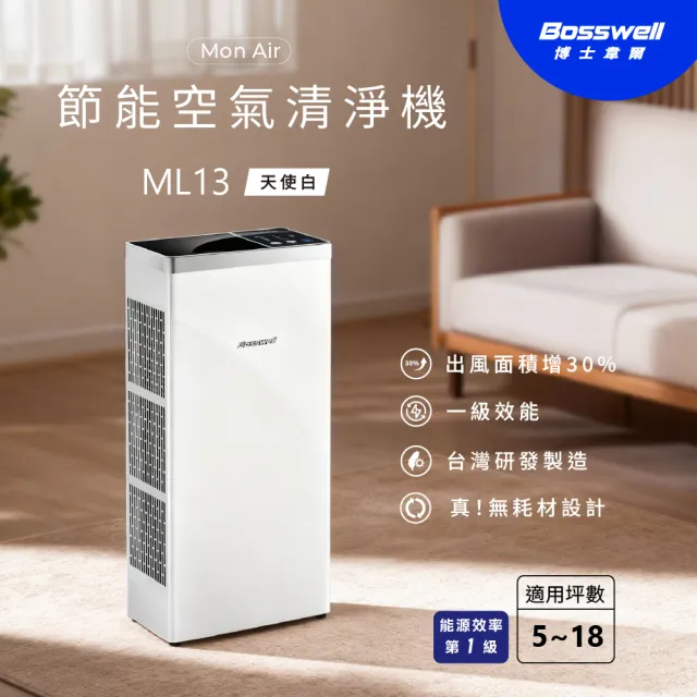 【BOSSWELL 博士韋爾】新一代Mon Air零耗材清淨機5-18坪(高能殺菌/一級能效/小體積/無耗材/直覺操作/ML13)