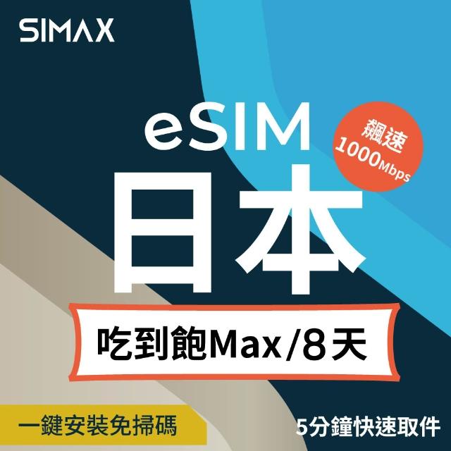 【SIMAX】日本 eSIM 網卡 四大電信5G+ 8天 吃到飽 Max  不降速 (5分鐘快速取件 東京 大阪 沖繩 福岡)