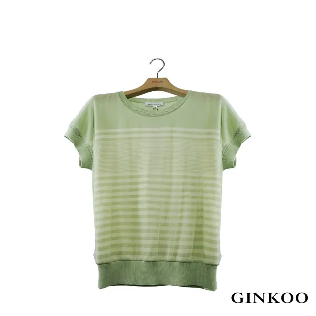 【GINKOO 俊克】網莎落肩袖條紋針織上衣