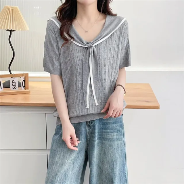 【ASister 小姊姊】AS2608#女裝｜上衣☆中大尺碼Plus+冰絲海軍領結上衣(3色 XL-4XL_1402)