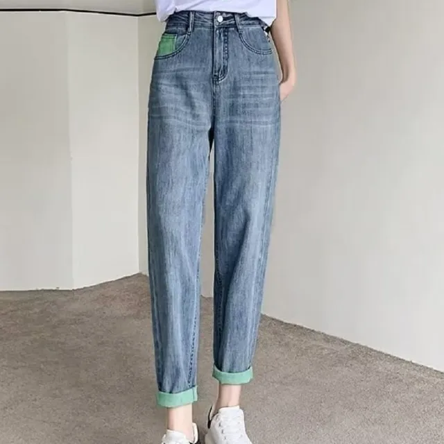 【ASister 小姊姊】AS2609#女裝|休閒褲☆中大尺碼撞色9分牛仔褲(2色 S-3XL)