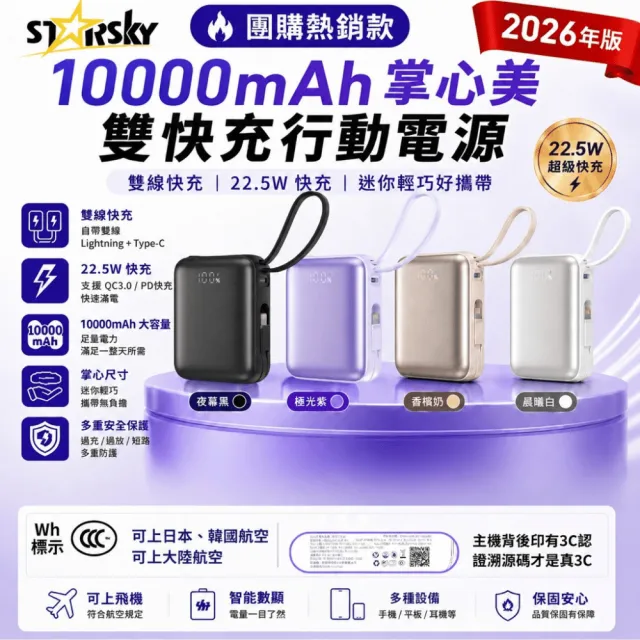 【STARSKY 星得克】掌心美型自帶雙線快充行動電源(22.5W 容量10000mAh)