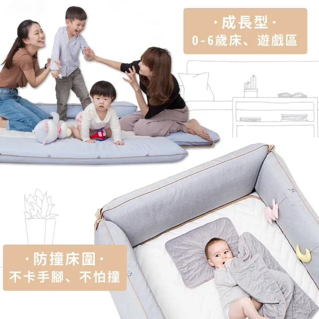 【gunite】多功能第三代落地式沙發嬰兒陪睡床0-6歲 四件組 床墊+床圍+止滑墊+床邊吊飾(北歐灰)