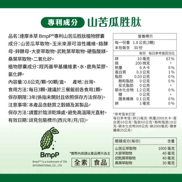 【達摩本草】BmpP®專利山苦瓜胜肽 3入90顆/盒(世界專利、添加天然酵母鉻)