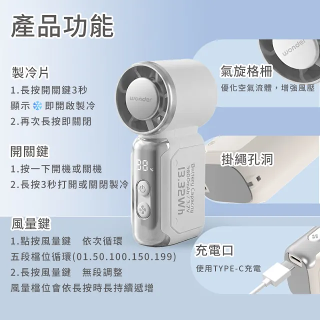 【WONDER 旺德】超輕量製冷手持高速扇