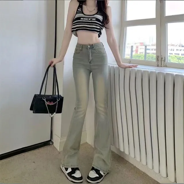 【D.studio】韓版美式高腰顯瘦微喇叭牛仔褲 寬褲 褲子 長褲 休閒褲 牛仔長褲 喇叭褲 夏季女裝 拖地褲 P430