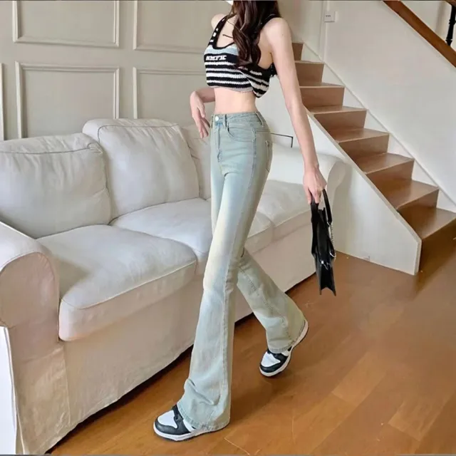 【D.studio】韓版美式高腰顯瘦微喇叭牛仔褲 寬褲 褲子 長褲 休閒褲 牛仔長褲 喇叭褲 夏季女裝 拖地褲 P430