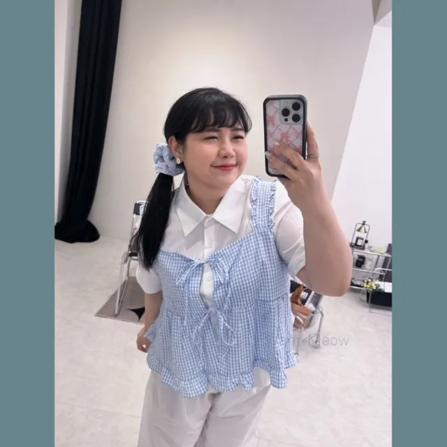 【Want-Meow】100公斤可穿/訂製大胸可日系可木耳邊格紋背心多層次穿搭綁帶背心(大碼上衣/大碼/大尺碼/背心)